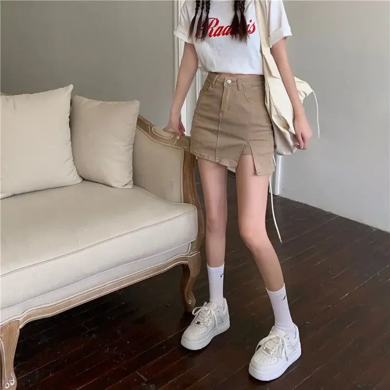 Casual Button With Slit Zipper High Waist Denim Mini Skirt Mssza