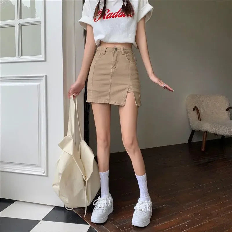 Casual Button With Slit Zipper High Waist Denim Mini Skirt Mssza