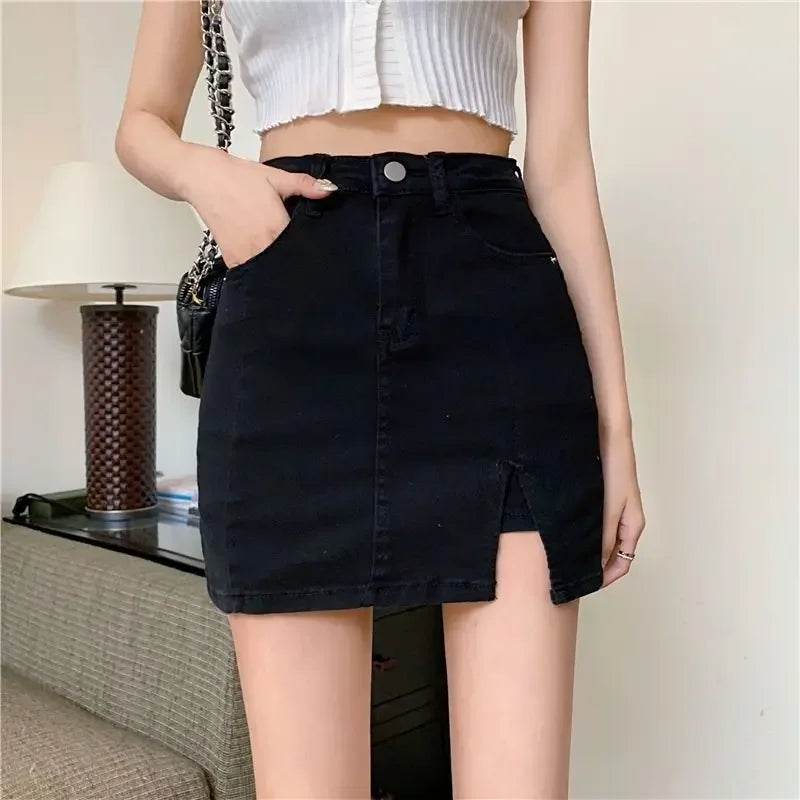 Casual Button With Slit Zipper High Waist Denim Mini Skirt Mssza