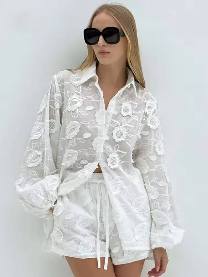 Casual Button Wrist Sleeve Shirts And High Waist Shorts 2 Piece Sets Mssza