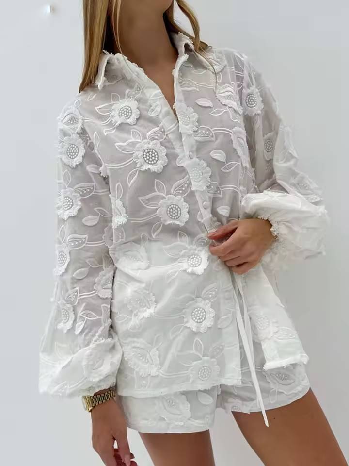 Casual Button Wrist Sleeve Shirts And High Waist Shorts 2 Piece Sets Mssza