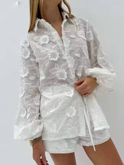 Casual Button Wrist Sleeve Shirts And High Waist Shorts 2 Piece Sets Mssza