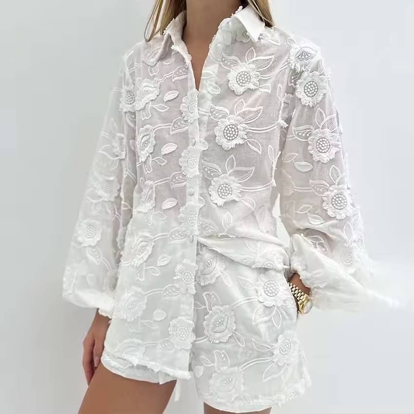 Casual Button Wrist Sleeve Shirts And High Waist Shorts 2 Piece Sets Mssza