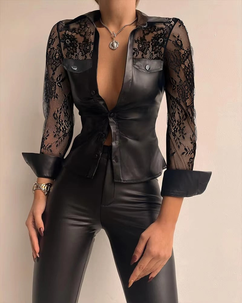 Casual Buttoned Long Sleeve Pocket PU Leather Sheer Mesh Design Skinny Blouse Top Mssza