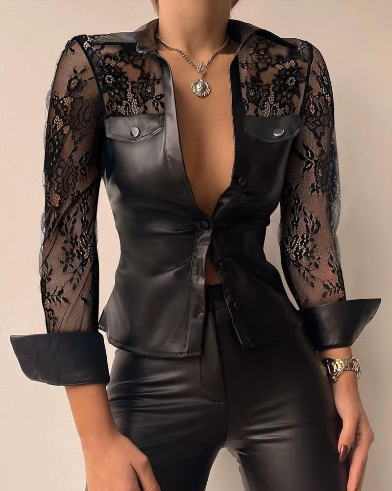Casual Buttoned Long Sleeve Pocket PU Leather Sheer Mesh Design Skinny Blouse Top Mssza