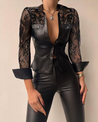Casual Buttoned Long Sleeve Pocket PU Leather Sheer Mesh Design Skinny Blouse Top Mssza