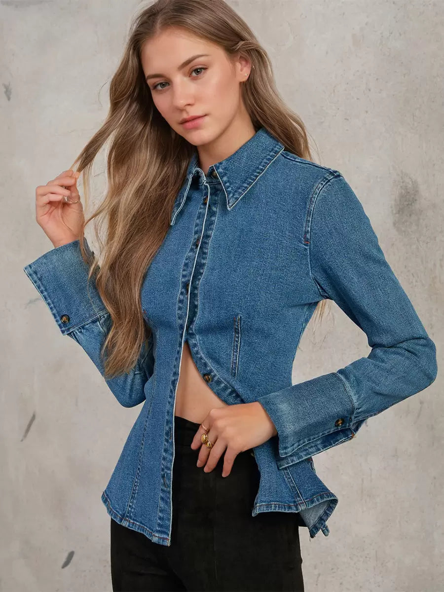 Casual Buttons Turndown Collar Chic Long Sleeves Denim Blouse Tops Mssza