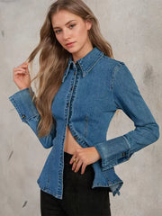 Casual Buttons Turndown Collar Chic Long Sleeves Denim Blouse Tops Mssza