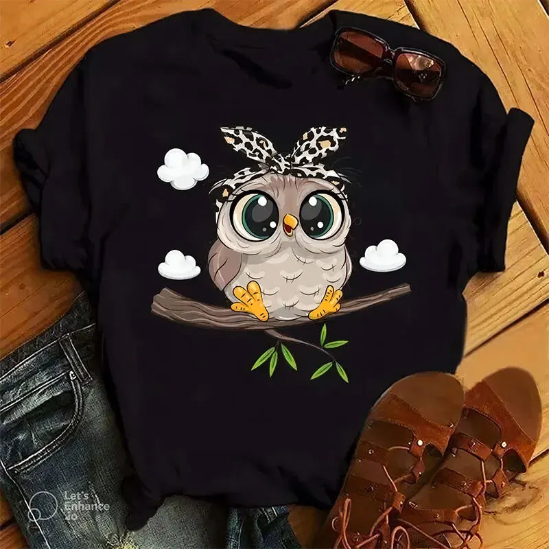 Casual Cartoon Owl Print Short Sleeved Tee O-neck T-shirts Mssza