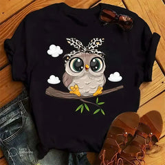 Casual Cartoon Owl Print Short Sleeved Tee O-neck T-shirts Mssza