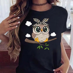 Casual Cartoon Owl Print Short Sleeved Tee O-neck T-shirts Mssza
