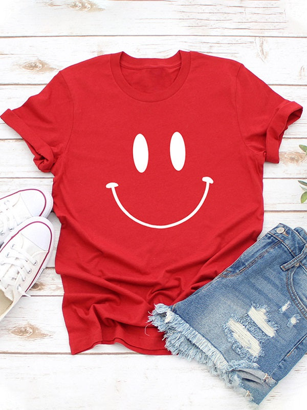 Casual Cartoon Smile Printed Short Sleeve O-neck T-Shirt Mssza