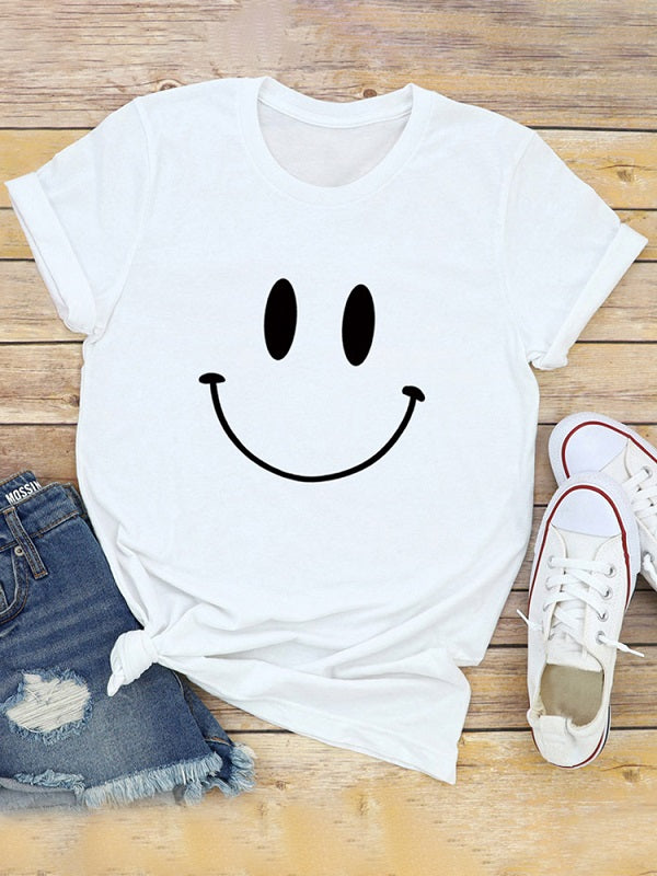 Casual Cartoon Smile Printed Short Sleeve O-neck T-Shirt Mssza