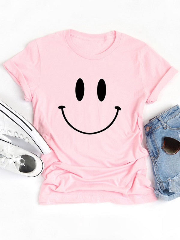 Casual Cartoon Smile Printed Short Sleeve O-neck T-Shirt Mssza