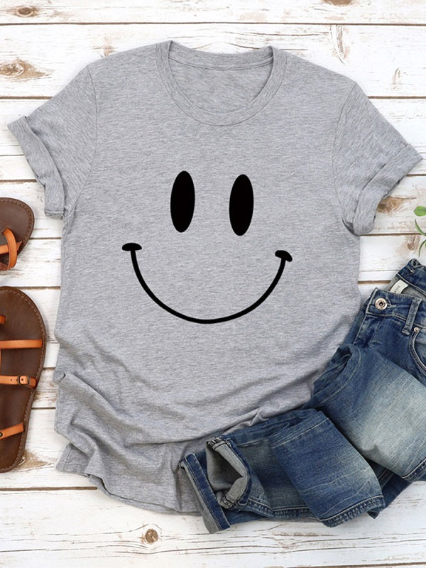 Casual Cartoon Smile Printed Short Sleeve O-neck T-Shirt Mssza