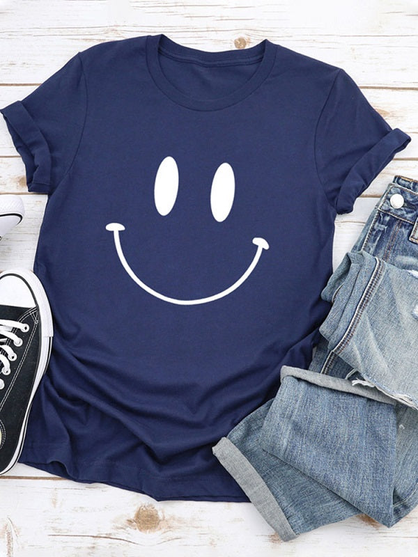 Casual Cartoon Smile Printed Short Sleeve O-neck T-Shirt Mssza