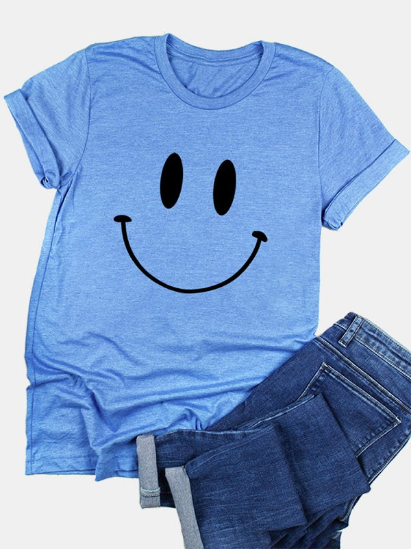 Casual Cartoon Smile Printed Short Sleeve O-neck T-Shirt Mssza