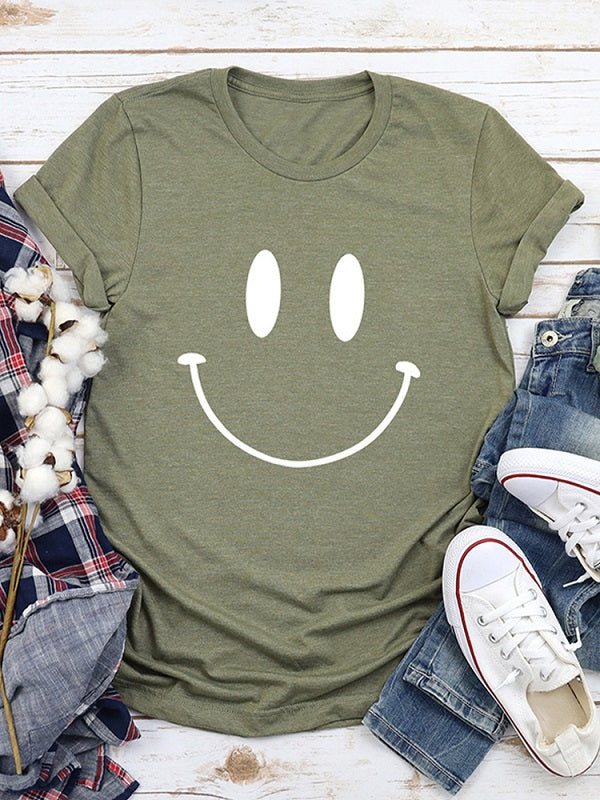 Casual Cartoon Smile Printed Short Sleeve O-neck T-Shirt Mssza