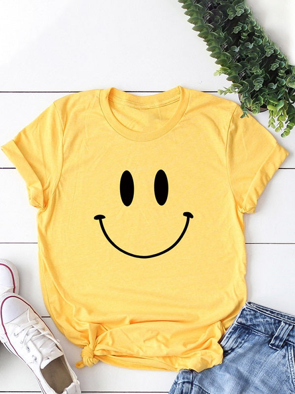 Casual Cartoon Smile Printed Short Sleeve O-neck T-Shirt Mssza