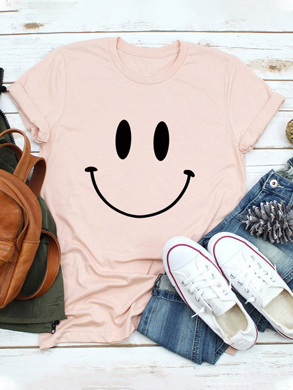 Casual Cartoon Smile Printed Short Sleeve O-neck T-Shirt Mssza