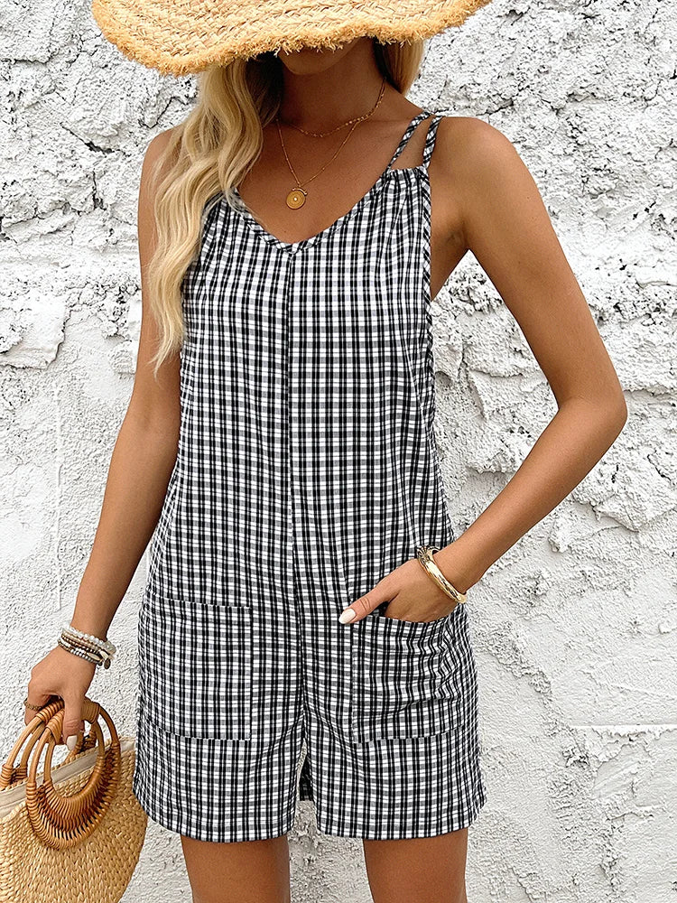 Casual Checkered Skinny Strap Shorts Non Stretch Loose Romper Mssza