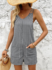 Casual Checkered Skinny Strap Shorts Non Stretch Loose Romper Mssza