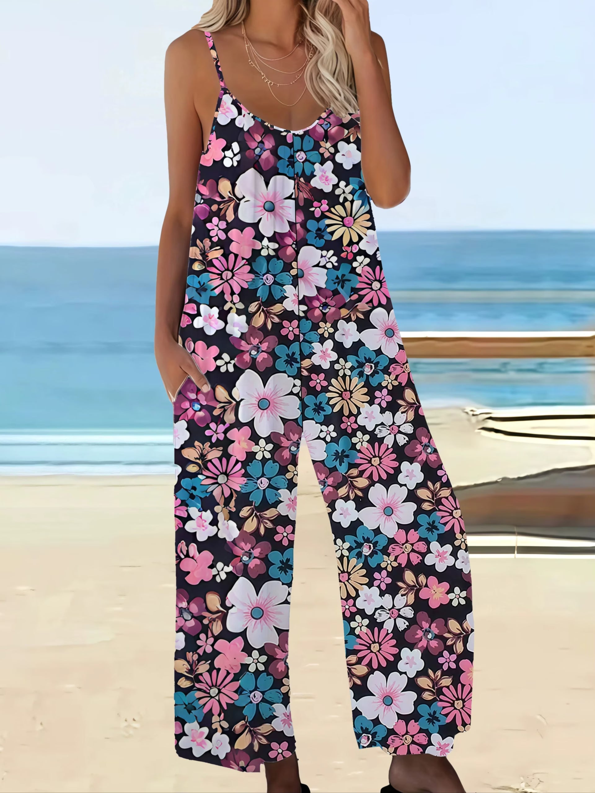 Casual Chic Bohemian Printed Plus Size Pocket Jumpsuit Rompers Mssza