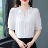 Casual Chiffon Blouse Petal Collar Short Sleeve Bow tie Loose Shirt Mssza