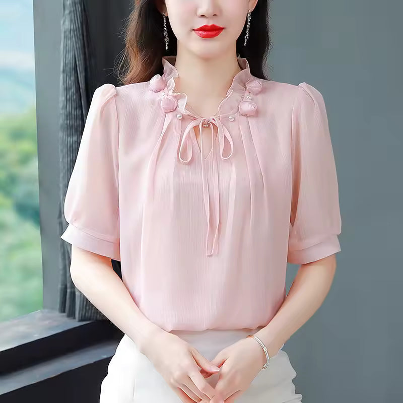Casual Chiffon Blouse Petal Collar Short Sleeve Bow tie Loose Shirt Mssza
