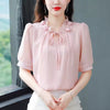 Casual Chiffon Blouse Petal Collar Short Sleeve Bow tie Loose Shirt Mssza