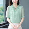 Casual Chiffon Blouse Petal Collar Short Sleeve Bow tie Loose Shirt Mssza