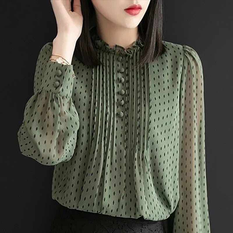 Casual Chiffon Long Sleeve O-Neck Polka Dot Printed Blouses Shirts Mssza