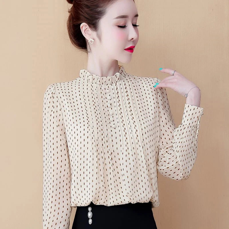 Casual Chiffon Long Sleeve O-Neck Polka Dot Printed Blouses Shirts Mssza
