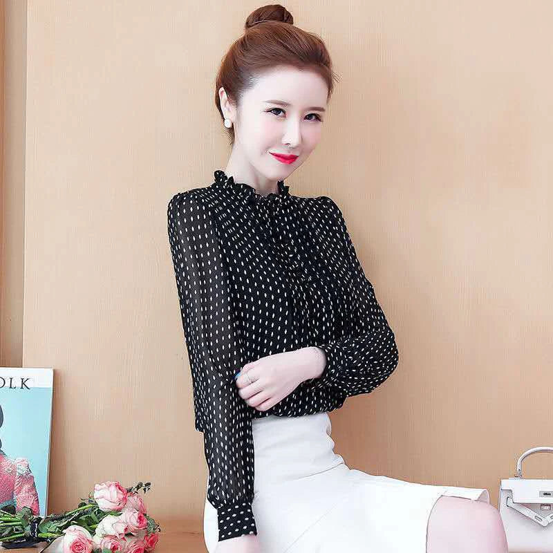 Casual Chiffon Long Sleeve O-Neck Polka Dot Printed Blouses Shirts Mssza