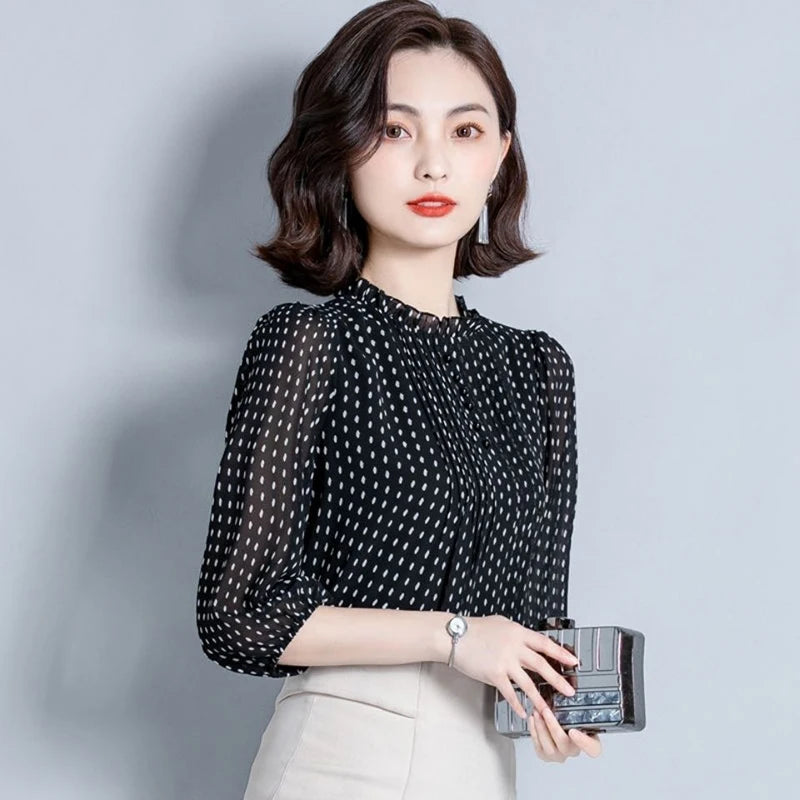 Casual Chiffon Long Sleeve O-Neck Polka Dot Printed Blouses Shirts Mssza
