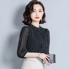 Casual Chiffon Long Sleeve O-Neck Polka Dot Printed Blouses Shirts Mssza