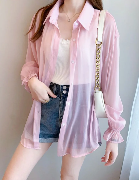 Casual Chiffon Perspective Solid Sun Shirt Long Sleeve Top Mssza