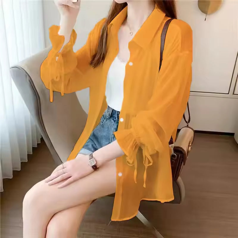 Casual Chiffon Perspective Solid Sun Shirt Long Sleeve Top Mssza