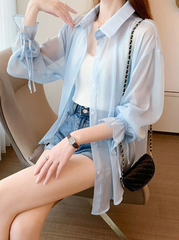 Casual Chiffon Perspective Solid Sun Shirt Long Sleeve Top Mssza