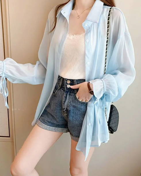 Casual Chiffon Perspective Solid Sun Shirt Long Sleeve Top Mssza
