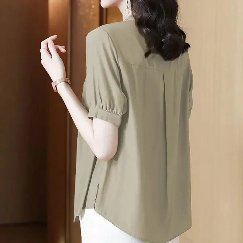 Casual Chiffon O-Neck Short-sleeved Mother Dress Shirt Top Mssza