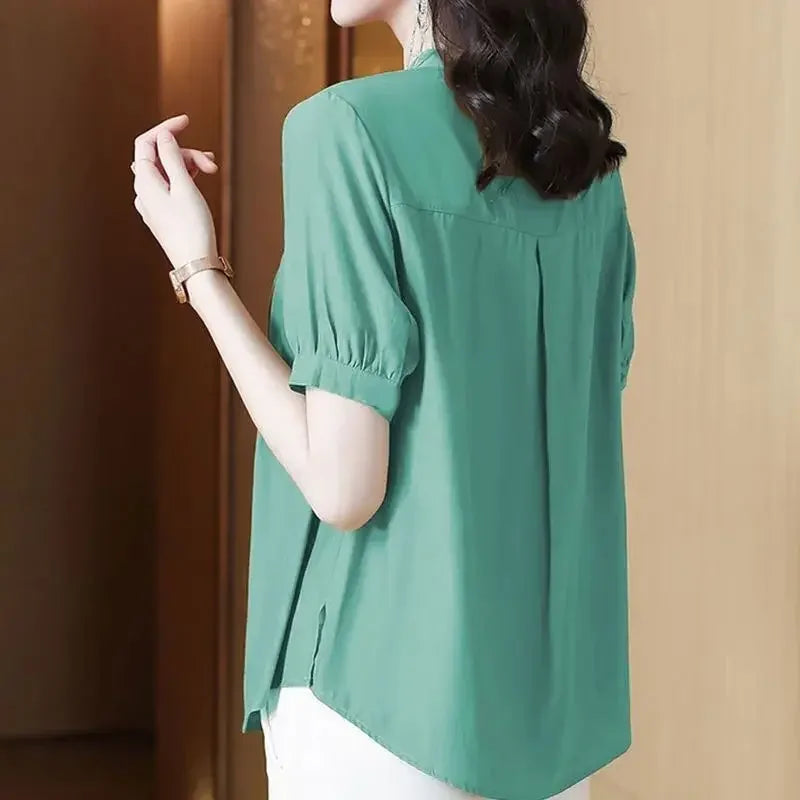 Casual Chiffon O-Neck Short-sleeved Mother Dress Shirt Top Mssza