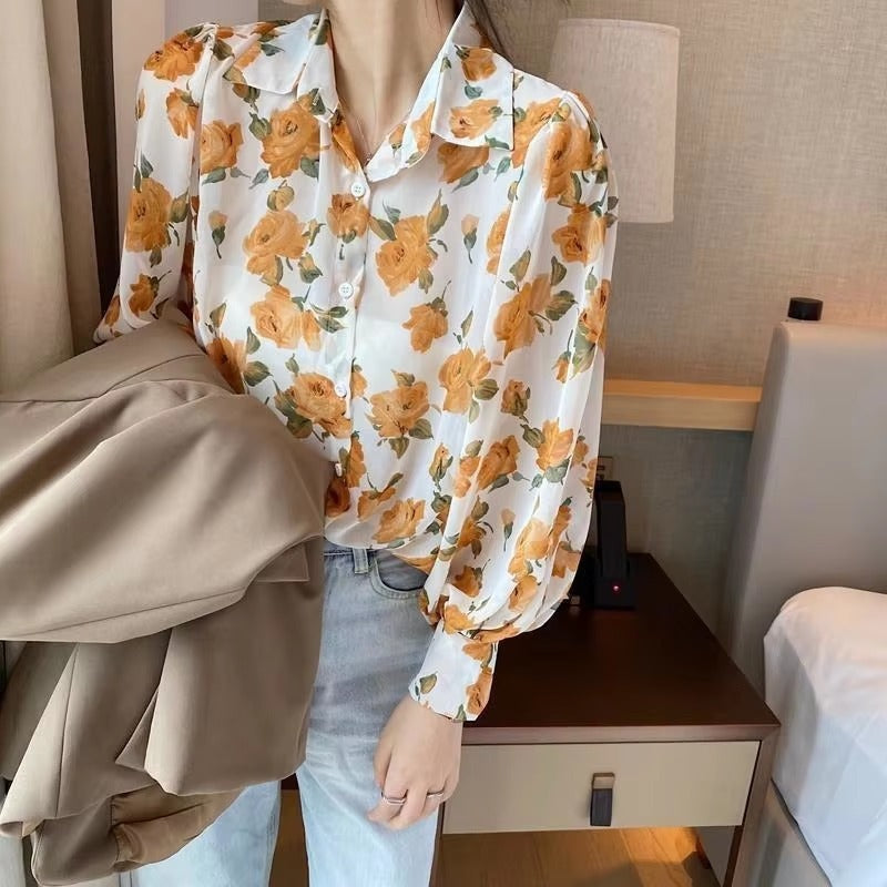 Casual Chiffon Single Button Painting Slight Stretch Shirt Blouse Mssza