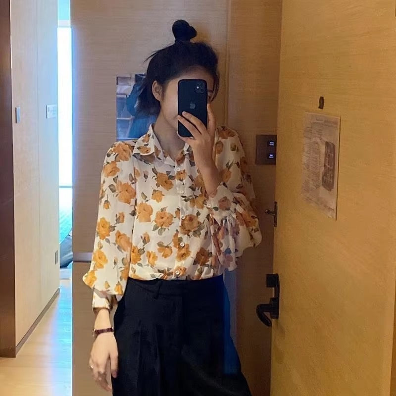 Casual Chiffon Single Button Painting Slight Stretch Shirt Blouse Mssza