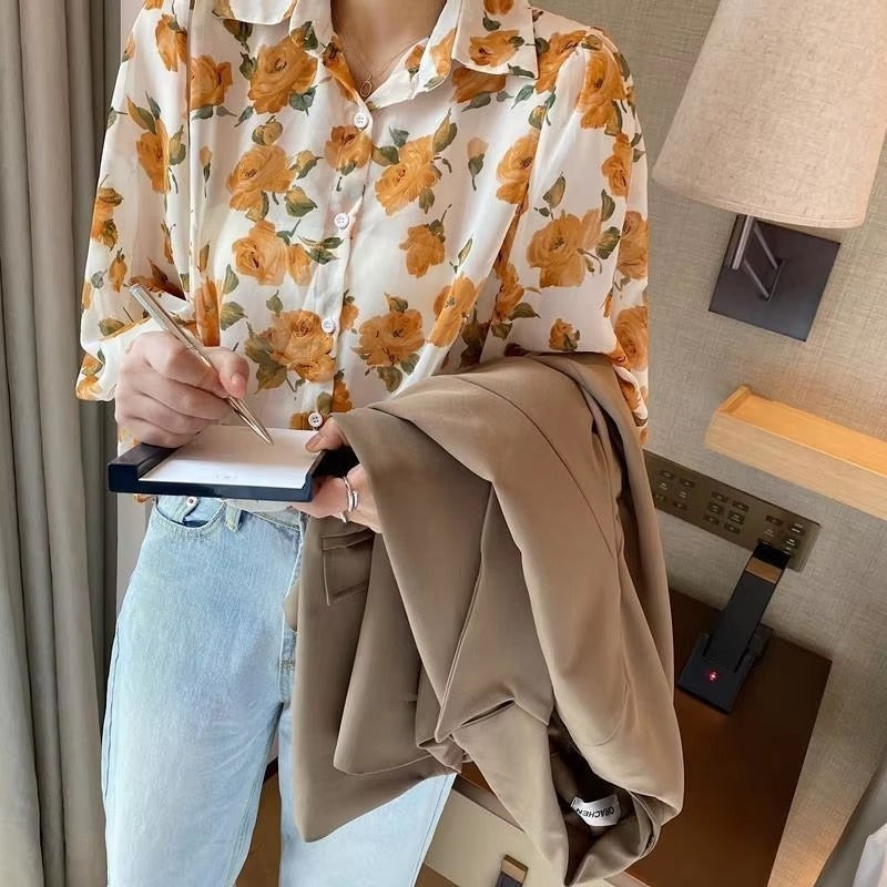 Casual Chiffon Single Button Painting Slight Stretch Shirt Blouse Mssza