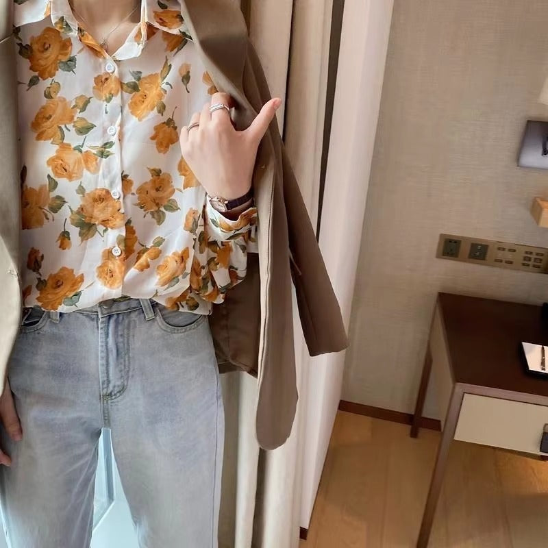 Casual Chiffon Single Button Painting Slight Stretch Shirt Blouse Mssza