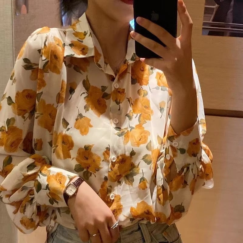 Casual Chiffon Single Button Painting Slight Stretch Shirt Blouse Mssza