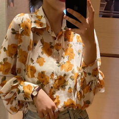 Casual Chiffon Single Button Painting Slight Stretch Shirt Blouse Mssza