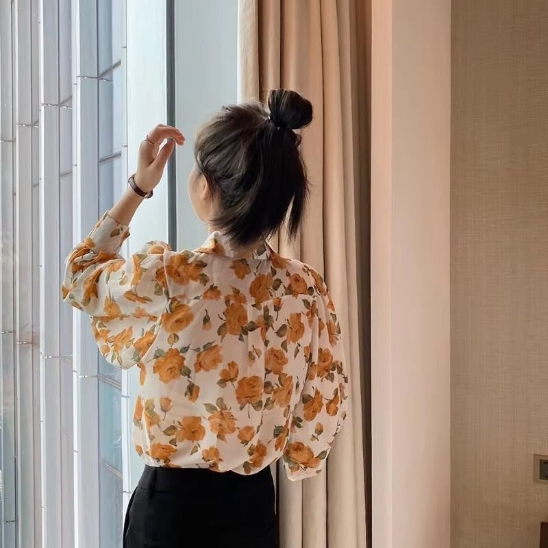 Casual Chiffon Single Button Painting Slight Stretch Shirt Blouse Mssza
