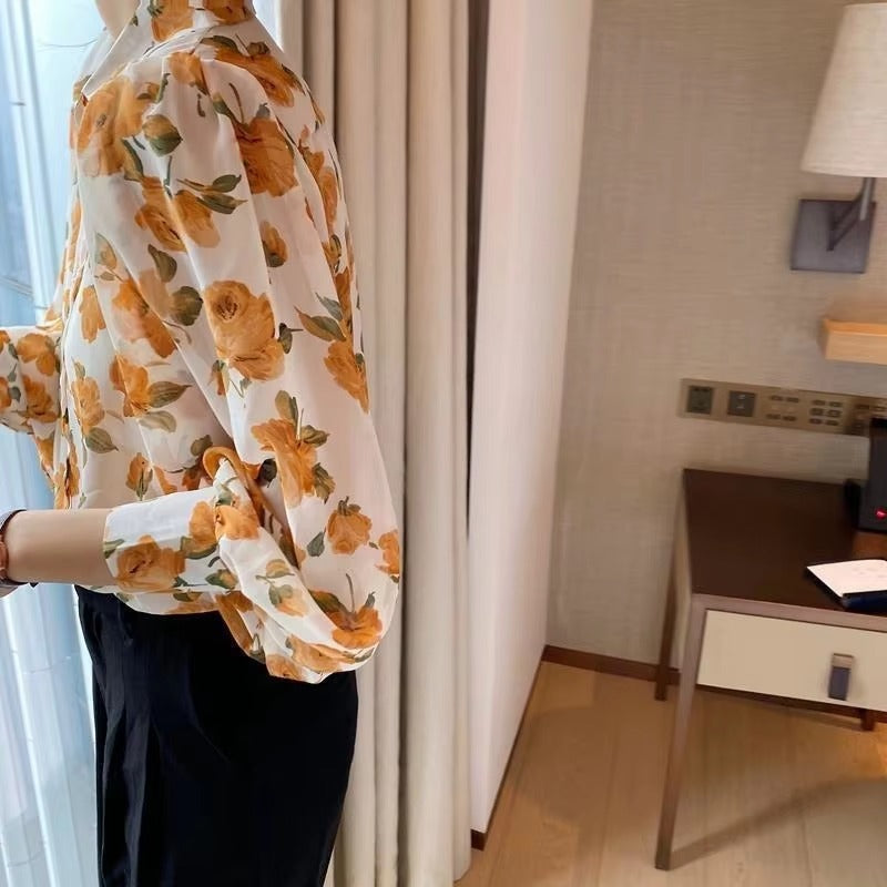 Casual Chiffon Single Button Painting Slight Stretch Shirt Blouse Mssza